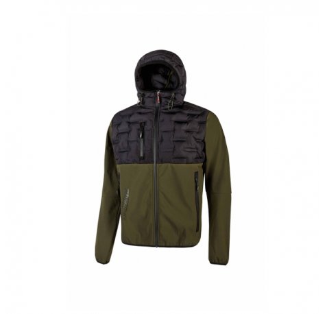 Upower Spock Chaqueta Hibrida Transpirable y Antiviento - Talla 3XL - Cremallera Impermeable, Capucha Ajustable, Plumon Acolchado sin Costuras, Bolsillos Fluorescentes, Proteccion DPI1 - Color Verde Oscuro