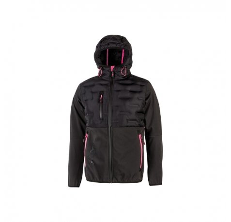 Upower Spock Lady Chaqueta Hibrida de Mujer - Talla S - Transpirable y Antiviento, Capucha Ajustable, PuÃ±os Elastizados, Multiples Bolsillos, Proteccion DPI1, DiseÃ±o Moderno con Detalles Fluor - Color Gris Fucsia