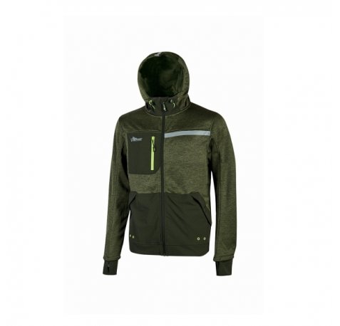 Upower Galaxy Sudadera de Trabajo con Cremallera - Talla S - Transpirable y de Secado Rapido, Capucha Ajustable, Bolsillos con Drenaje, Bandas Reflectantes, Proteccion DPI1 - Color Verde Oscuro