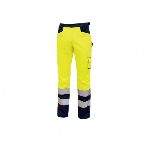 Upower Light Pantalon de Trabajo con Multiples Bolsillos - Talla 2XL - Eslinga para Martillo, Cintura Elastica, Rodillas Preformadas, Rayas Reflectantes, Triple Costura, Proteccion DPI2 - Color Amarillo Fluorescente