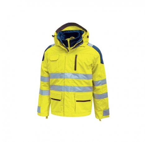 Upower Backer Parka Impermeable y Transpirable - Talla M - Detalles Reflectantes, Multiples Bolsillos Funcionales, Capucha Ajustable y Desmontable, Proteccion DPI3, Mangas Desmontables - Color Amarillo Fluorescente