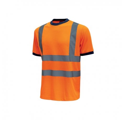 Upower Glitter Camiseta con Rayas Reflectantes - Talla 2XL - Cuello y Mangas en Costillas Elasticas, Banda para el Sudor, Alta Transpirabilidad, Proteccion DPI2, 50 Lavados Maximo - Color Naranja Fluorescente