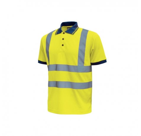 Upower Neon Polo de Manga Corta con Detalles Reflectantes - Talla L - Cuello Cerrado Tres Botones, Banda para el Sudor, Ventilaciones Laterales, Proteccion DPI2, Transpirable - Color Amarillo Fluorescente