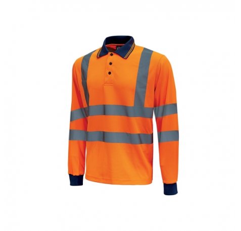Upower Shine Polo de Manga Larga con Detalles Reflectantes - Talla 3XL - Cuello Cerrado Tres Botones, Ventilaciones Laterales, Banda para el Sudor, Proteccion DPI3, Tela Duradera - Color Naranja Fluorescente