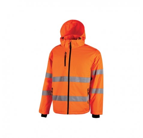 Upower Imai Chaqueta Acolchada de Trabajo - Talla 5XL - Tejido Repelente al Agua, Bandas Reflectantes, Capucha Desmontable, PuÃ±os Elasticos, Amplios Bolsillos, Resistente a Lavados - Color Naranja Fluorescente