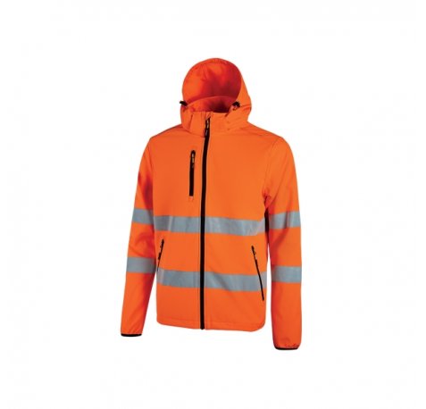 Upower Cursa Chaqueta de Trabajo Softshell Stretch - Talla 5XL - Transpirable, Cortavientos, Repelente al Agua, Bandas Reflectantes, Capucha Desmontable, Multiples Bolsillos, PuÃ±os Elasticos - Color Naranja Fluorescente