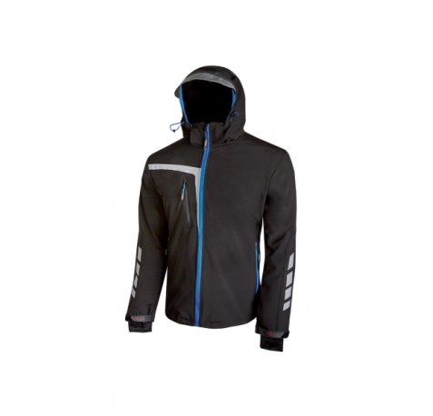 Upower Quick Chaqueta Soft Shell - Talla L - Tejido Elastico Cortavientos Transpirable, Repelente al Agua, Bolsillo Impermeable con Free Sound, Detalles Reflectantes, Proteccion DPI1 - Color Negro Carbon
