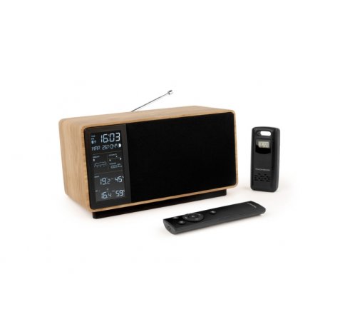 Thomson Altavoz Bluetooth con Estacion Meteorologica y Radio FM - Potencia Musical 50W - Pantalla Retroiluminada - Sonda Exterior Inalambrica - Color Madera y Negro