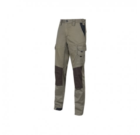 Upower Majo Pantalon de Trabajo - Talla L - Algodon Elastico, DiseÃ±o Slim-Fit, Multiples Bolsillos, Proteccion Lumbar, Detalles Reforzados, Cinta Reflectante, Correa Porta Martillo - Color Arena