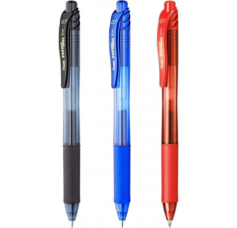 Pentel EnerGel X Pack de 3 Boligrafos de Bola Retractiles Tinta Gel - Punta 0.7mm - Trazo 0.35mm - Recargable - Grip de Agarre - 50% de Materiales Reciclados - Color Negro, Azul y Rojo