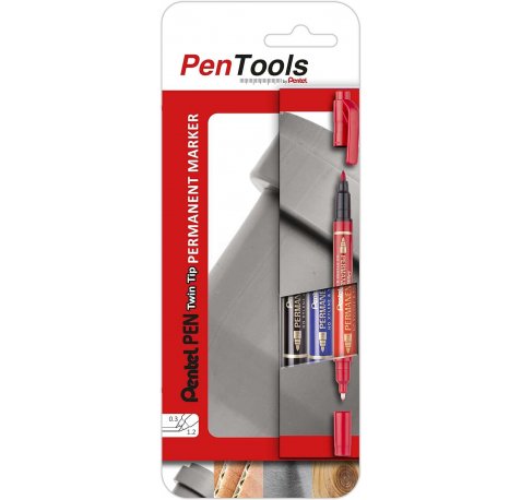 Pentel PenTools Pack de 3 Rotuladores Permanentes Industriales Pentel Pen Twin Tip - Doble Punta - Extrafina 0,6mm y Fina 3.5mm - Resistente a Agua y Luz - Colores Negro, Azul, y Rojo