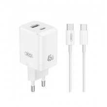 XO CE36 Cargador de Pared - USB-C 45W - USB-A 18W - Power Delivery - Quick Charge - Cable USB-C Incluido - Policarbonato - Resistente al Calor - Color Blanco