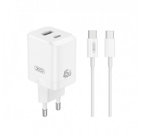 XO CE36 Cargador de Pared - USB-C 45W - USB-A 18W - Power Delivery - Quick Charge - Cable USB-C Incluido - Policarbonato - Resistente al Calor - Color Blanco