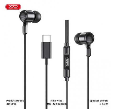 XO EP81 Auriculares Intrauditivos con Microfono - Conexion USB-C - Cable de 1.20m - Color Negro