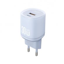 XO L151 Cargador de Pared - Potencia 30W - Tecnologia GaN - USB-A y USB-C - Carga Rapida - Doble Puerto - Compacto - Color Azul