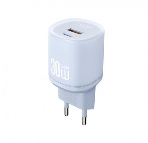 XO L151 Cargador de Pared - Potencia 30W - Tecnologia GaN - USB-A y USB-C - Carga Rapida - Doble Puerto - Compacto - Color Azul