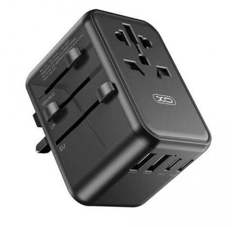 XO Adaptador de Viaje Universal - Conexiones para mas de 150 Paises - Salida de hasta 2500W - Puerto USB-C de 65W - Salida de Cinco Puertos - Color Negro