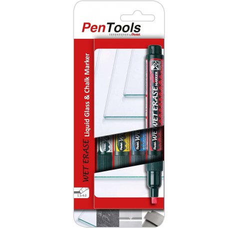 Pentel PenTools Pack de 4 Rotuladores de Tiza Liquida Wet Erase - Punta Biselada Reversible 2-4mm - Resistente a la Intemperie sobre Vidrio - Colores Blanco, Azul, Amarillo y Rojo